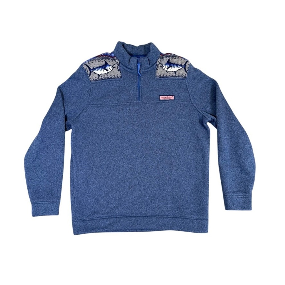 Vineyard Vines Mens M Blue Marlin Fair Isle Shoulder Shep Shirt 1/4 Zip Pullover
